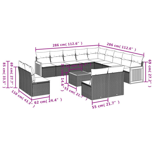 vidaXL 14-tlg. Garten-Sofagarnitur mit Kissen Beige Poly Rattan