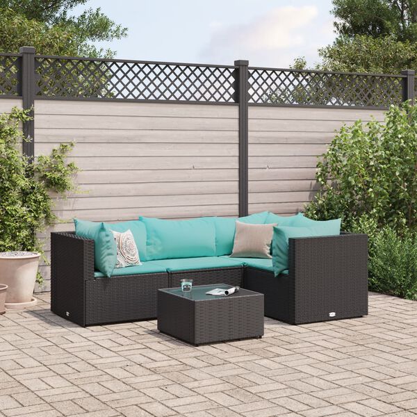 vidaXL 5-tlg. Garten-Lounge-Set mit Kissen Schwarz Poly Rattan