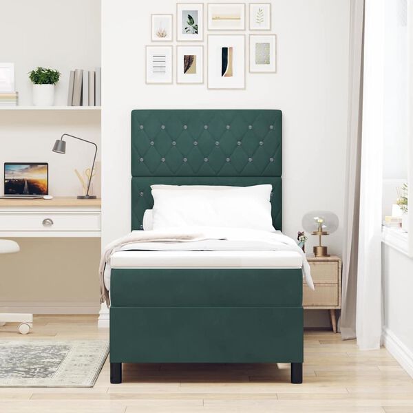 vidaXL LED Boxspringbett mit Matratze Dunkelgr&uuml;n 90 x 190 cm Stoff