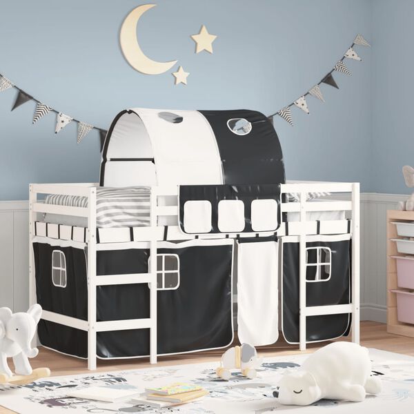 vidaXL Kinderhochbett mit Tunnel Wei&szlig; & Schwarz 90x190 cm Kiefernholz