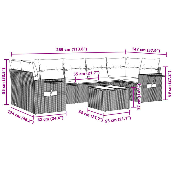 vidaXL 8-tlg. Garten-Sofagarnitur mit Kissen Hellgrau Poly Rattan