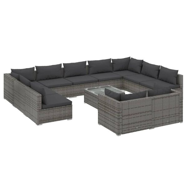 vidaXL 12-tlg. Garten-Lounge-Set mit Kissen Grau Poly Rattan