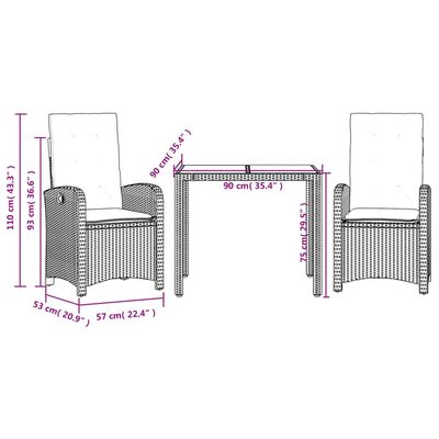 vidaXL 3-tlg. Garten-Essgruppe mit Kissen Schwarz Poly Rattan