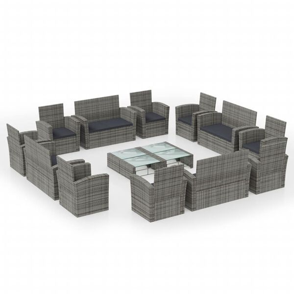 vidaXL 16-tlg. Garten-Lounge-Set mit Auflagen Poly Rattan Grau