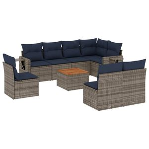 vidaXL 9-teiliges Gartensofa-Set mit Kissen, grau, Polyrattan