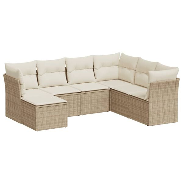 vidaXL 7-tlg. Garten-Sofagarnitur mit Kissen Beige Poly Rattan