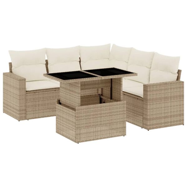 vidaXL 6-tlg. Garten-Sofagarnitur mit Kissen Beige Poly Rattan