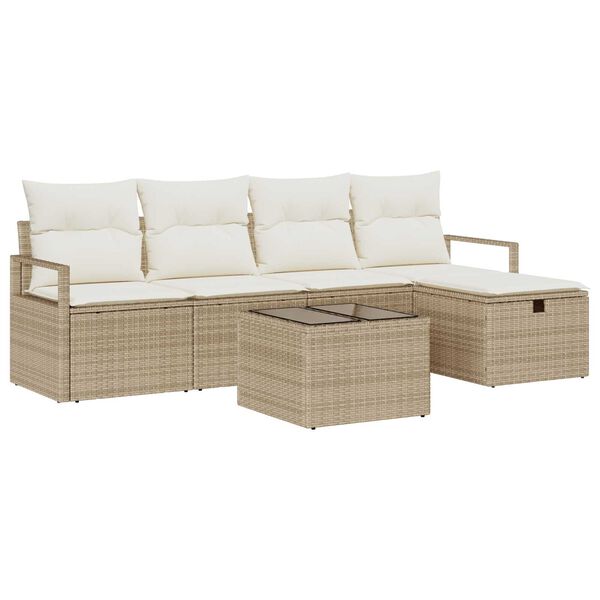 vidaXL Garten-Sofa-Set mit Kissen mit Speicher 6 pcs Beige Poly Rattan