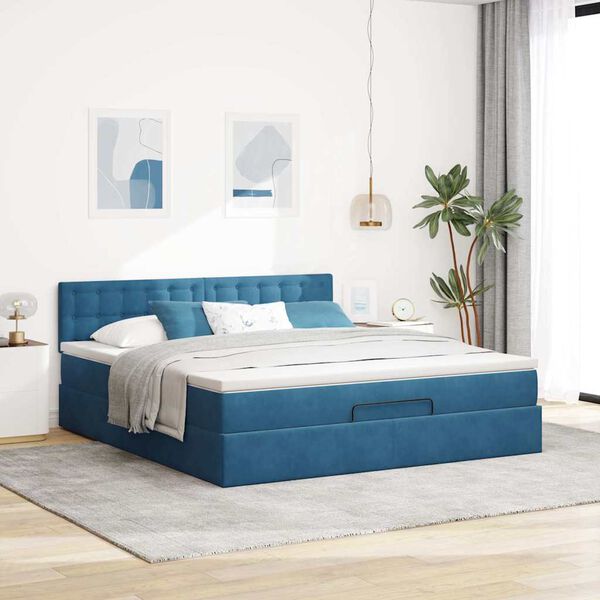 vidaXL Ottoman-Bett mit Matratze & LEDs Dunkelblau 160x200 cm Samt