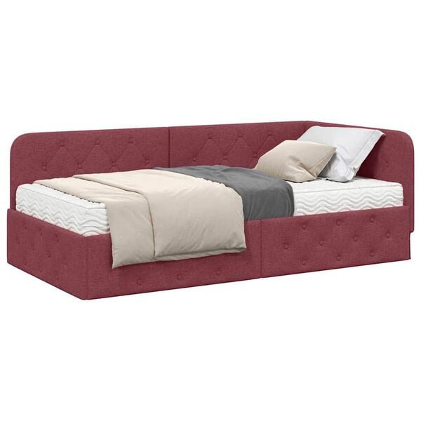 vidaXL Eckbettgestell mit Matratze Weinrot 100 x 200 cm Stoff