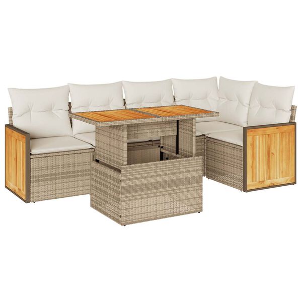 vidaXL 6-tlg. Garten-Sofagarnitur mit Kissen Beige Poly Rattan Akazie