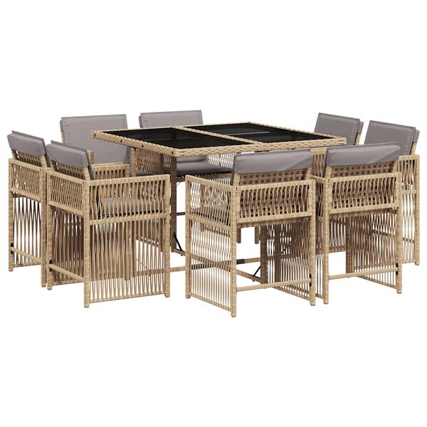 vidaXL 9-tlg. Garten-Essgruppe mit Kissen Beigemischung Poly Rattan