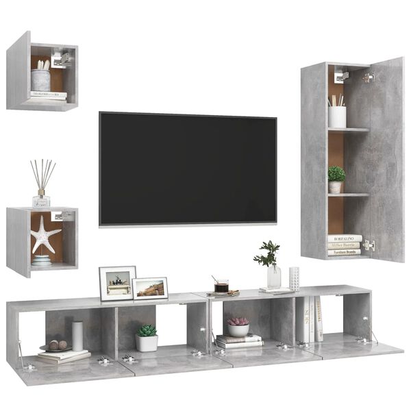 vidaXL 5-tlg. TV-Schrank-Set Betongrau Holzwerkstoff