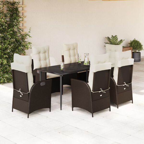 vidaXL 7-tlg. Garten-Essgruppe mit Kissen Braun Poly Rattan