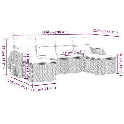 vidaXL 6-tlg. Garten-Sofagarnitur mit Kissen Hellgrau Poly Rattan