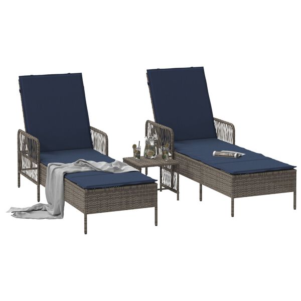vidaXL Sonnenliege mit Kissen 3 pcs Grau und Marineblau Poly-Rattan