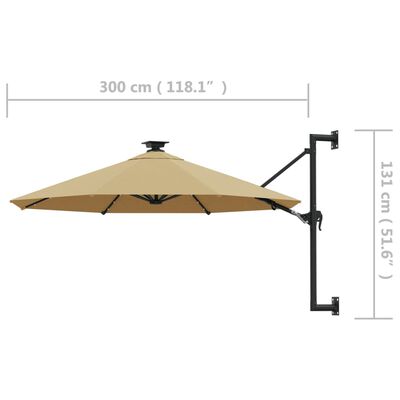 vidaXL Sonnenschirm zur Wandmontage mit LEDs 300 cm Taupe