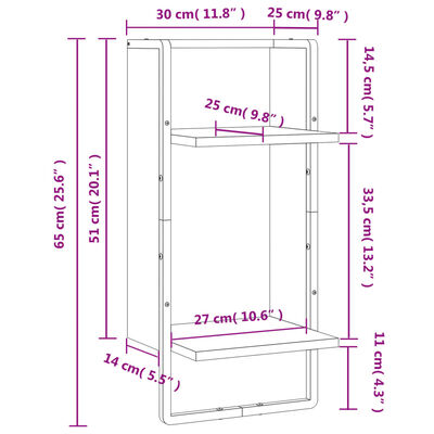 vidaXL Wandregal mit Stange Grau Sonoma 30x25x65 cm