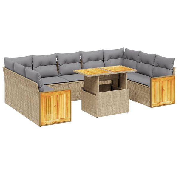 vidaXL 10-tlg. Garten-Sofagarnitur mit Kissen Beige Poly Rattan