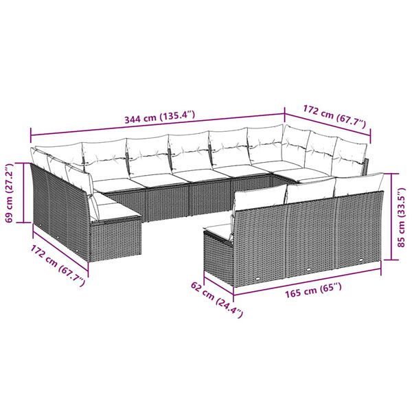 vidaXL 13-tlg. Garten-Sofagarnitur mit Kissen Schwarz Poly Rattan