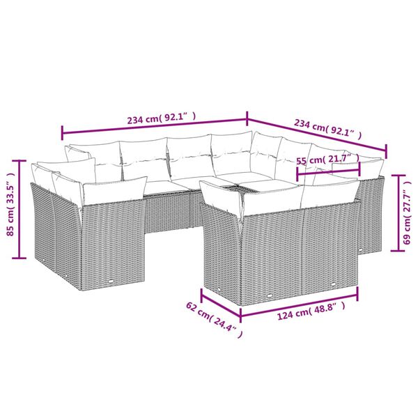 vidaXL 11-tlg. Garten-Sofagarnitur mit Kissen Grau Poly Rattan