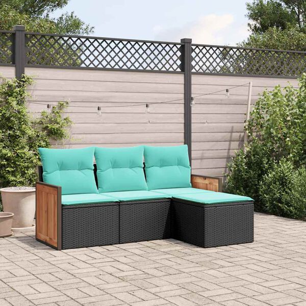 vidaXL 4-teiliges Gartensofa-Set mit Kissen, schwarzes Polyrattan