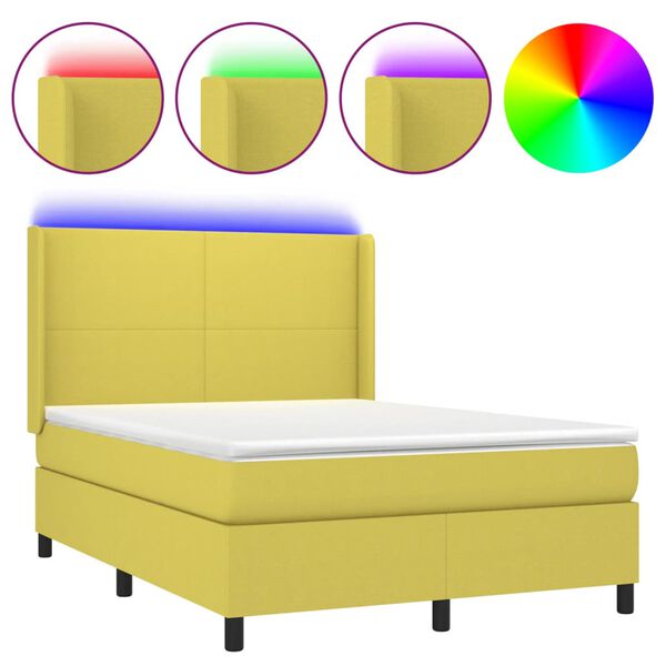 vidaXL Boxspringbett mit Matratze & LED Gr&uuml;n 140x200 cm Stoff