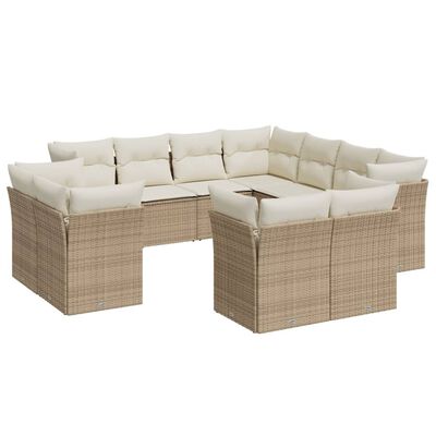 vidaXL 11-tlg. Garten-Sofagarnitur mit Kissen Beige Poly Rattan