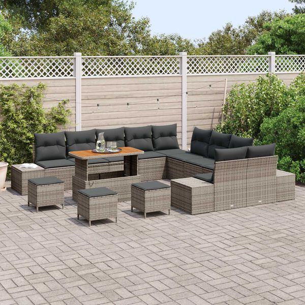 vidaXL Gartensofa-set mit Kissen mit Speicher 14 pcs Grau Poly Rattan