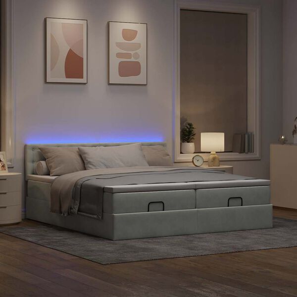 vidaXL Ottoman-Bett mit Matratzen & LEDs Hellgrau 180x200 cm Samt