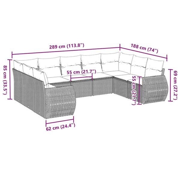 vidaXL 9-tlg. Garten-Sofagarnitur mit Kissen Hellgrau Poly Rattan