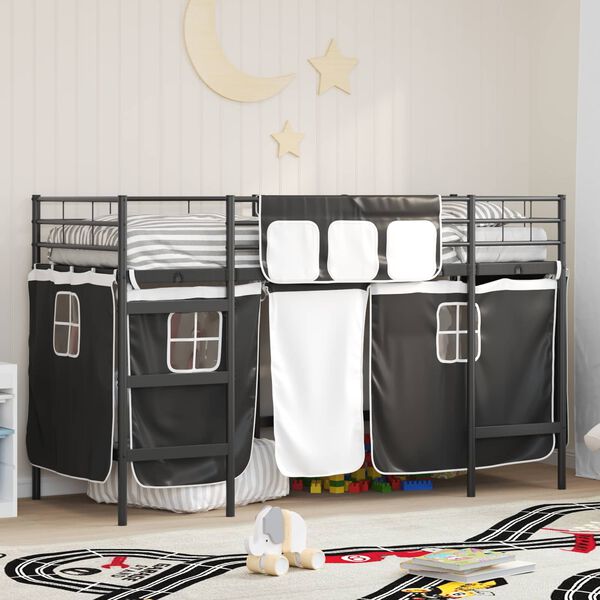 vidaXL Kinder Loft Bettgestell mit Vorh&auml;ngen Schwarz 99,5 x 190 cm