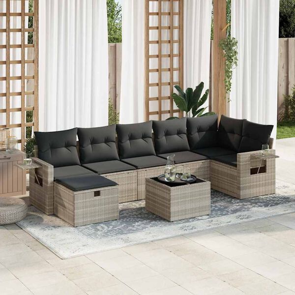 vidaXL 8-tlg. Garten-Sofagarnitur mit Kissen Hellgrau Poly Rattan