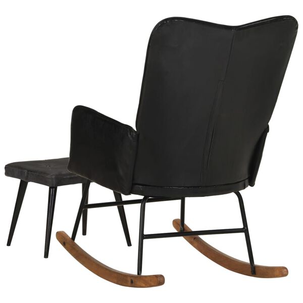 vidaXL Schaukelsessel mit Hocker Schwarz Echtleder