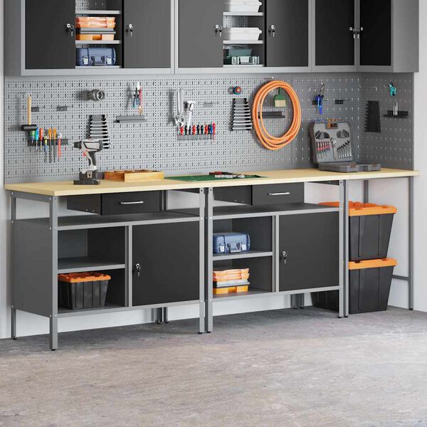 vidaXL Werkbank-Set mit Schubladen 3 pcs Rot 255 x 55 x 85 cm Stahl