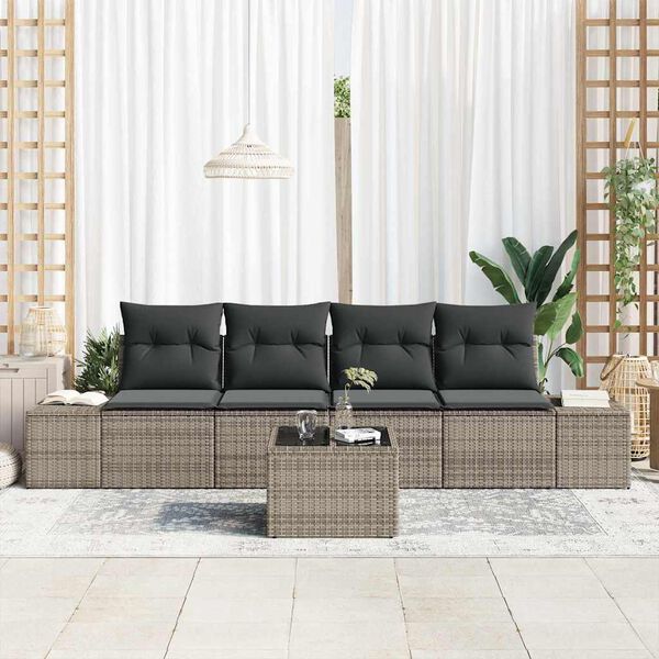 vidaXL Garten-Sofa-Set mit Kissen mit Speicher 5 pcs Grau Poly-Rattan