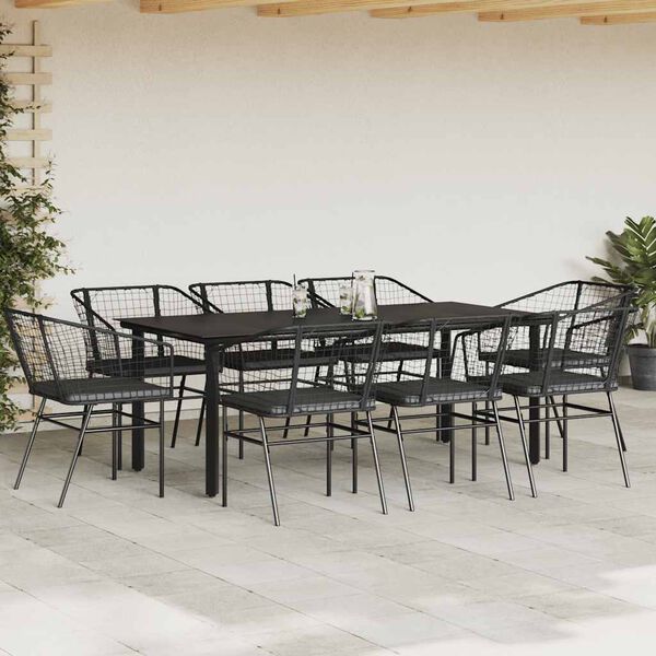 vidaXL 9-tlg. Garten-Essgruppe mit Kissen Schwarz Poly Rattan Glas