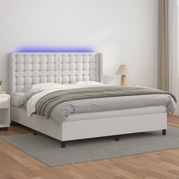 vidaXL Boxspringbett mit Matratze & LED Wei&szlig; 180x200 cm Kunstleder