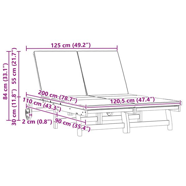 vidaXL Sonnenliege 2-Person Braun 63 x 199 x 85 cm Massivholz Akazie