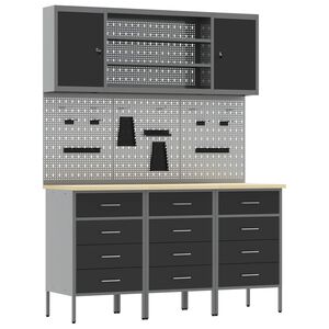 vidaXL Werkbank 7 Stk. Schwarz und Grau Ingenieure Holz und Stahl
