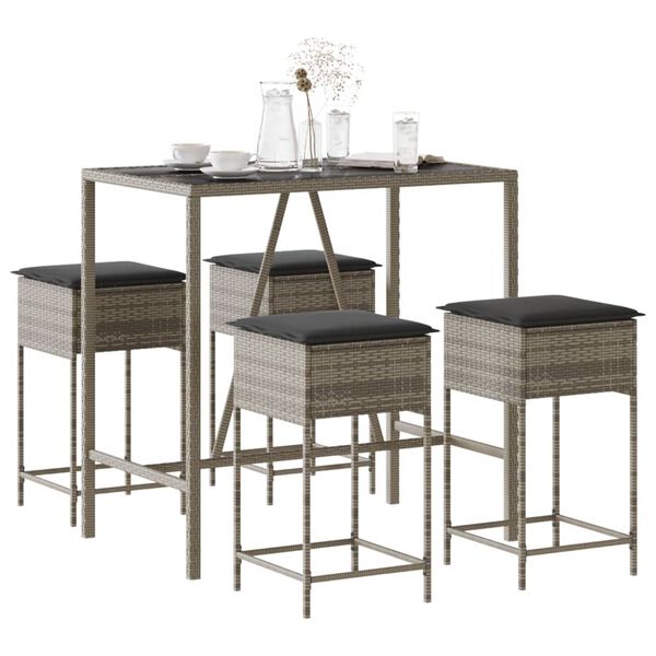 vidaXL 5-tlg. Gartenbar-Set mit Kissen Grau Poly Rattan