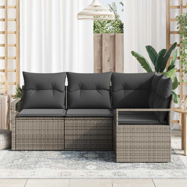 vidaXL Sofa Set mit Kissen mit Speicher 4 pcs Grau Poly-Rattan