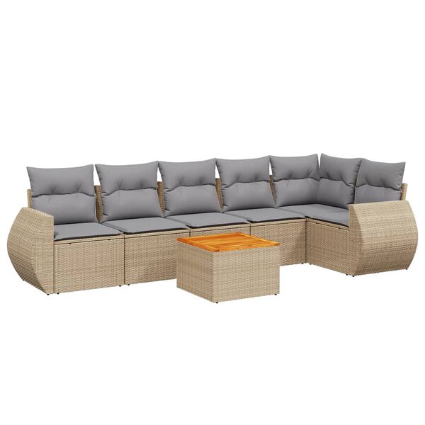 vidaXL 7-tlg. Garten-Sofagarnitur mit Kissen Beige Poly Rattan