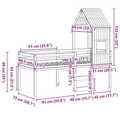 vidaXL Hochbett mit Dach 75x190 cm Massivholz Kiefer