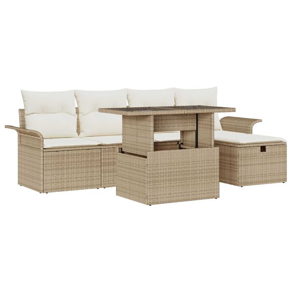 vidaXL Garten-Sofa-Set mit Kissen mit Speicher 6 pcs Beige Poly Rattan
