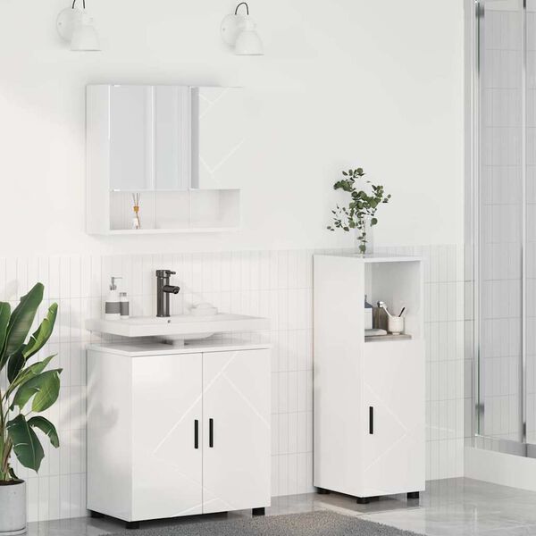 vidaXL Badezimmerm&ouml;bel-Set 3 pcs Hochglanz Wei&szlig; Holzwerkstoff & Metall