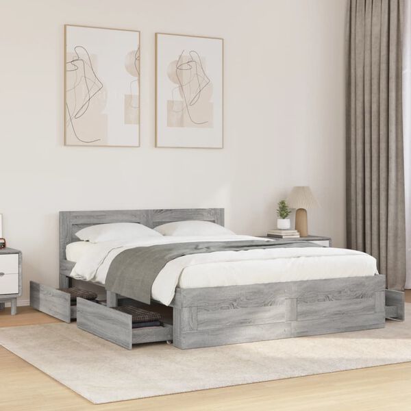 vidaXL Bettgestell mit Kopfteil Grau Sonoma 135x190 cm Holzwerkstoff