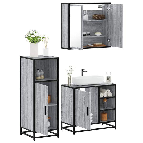 vidaXL 3-tlg. Badm&ouml;bel-Set Grau Sonoma Holzwerkstoff