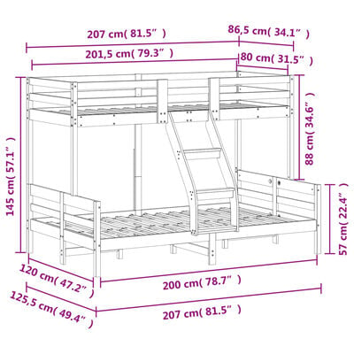 vidaXL Etagenbett 80x200/120x200 cm Weiß Massivholz Kiefer