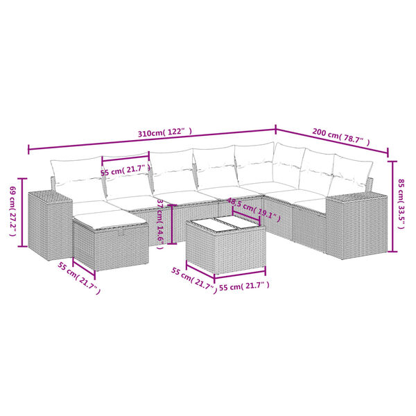 vidaXL 8-tlg. Garten-Sofagarnitur mit Kissen Schwarz Poly Rattan